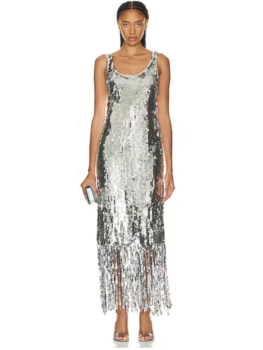 SIMKHAI Ayala Gown Silver Sequin Fringe Maxi Dress NWT  - Size 2